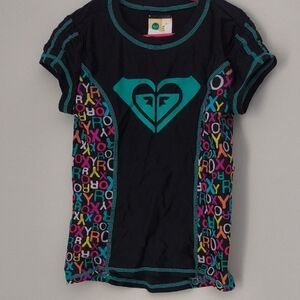 Roxy Kids' Black and Teal Logo Tee
